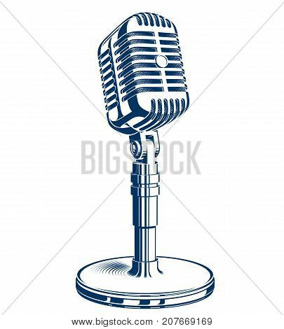 Recorder microphone vector illustration isolated on white. Global broadcasting journalism concept.