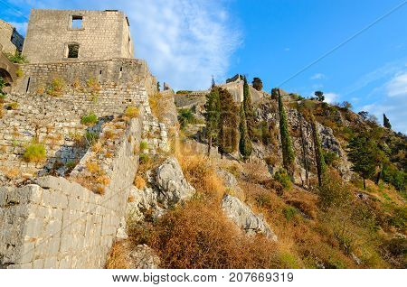 Ruins of ancient fortress (Little Fort) over city of Kotor Montenegro