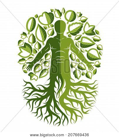 Vector illustration of human athlete created as continuation of tree with strong roots and surrounded by eco green leaves. Environmental conservation theme green innovation metaphor.