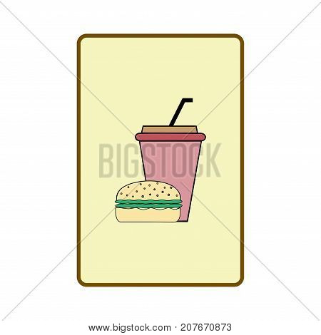 Fast food and drink icon. Silhouette hamburger and cup on yellow square. Sign meal on white background. Label quickly dinner. Symbol fast food for posterbanner. Design element. Vector illustration.