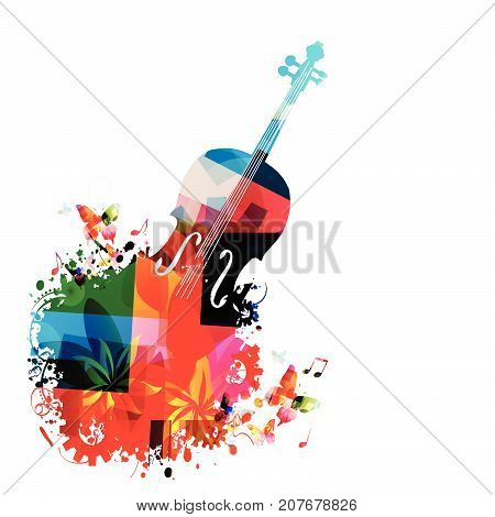 Music instrument background. Colorful violoncello with music notes isolated vector illustration