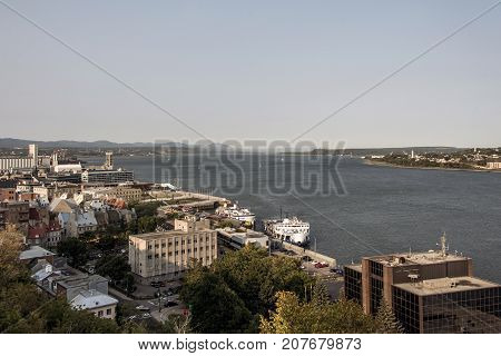 Aerial view of skyline and Saint Lawrence stream in Quebec City Canada.