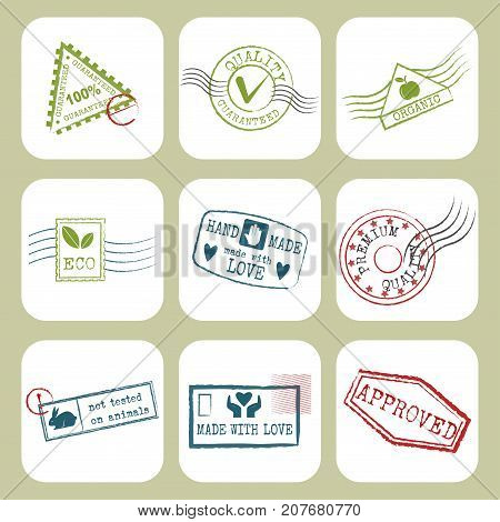 Travel stamps fictitious international airport symbols. Grunge passport or postage sign. Departure tourism arrival letter frame destinations holiday mail.