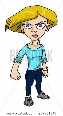 Cartoon image of determined woman clenching fist. An artistic freehand picture.