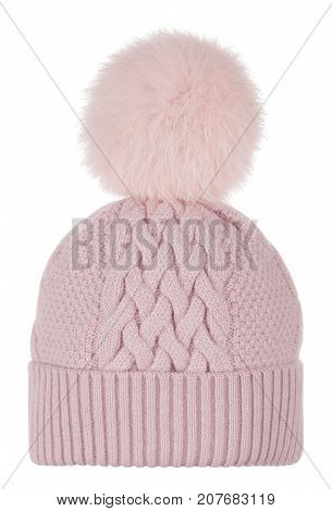 Luxury beautiful knitted woolen female pink hat with fur ball pampone on white background