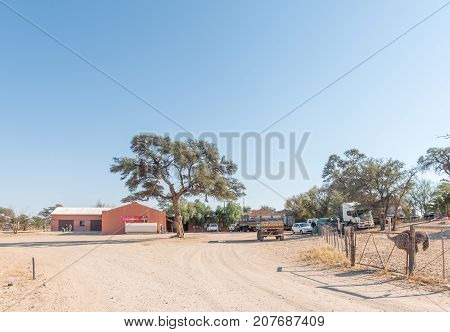 ASKHAM SOUTH AFRICA - JULY 6 2017: A small supermarket and gas station at Loch Maree near Askham a small townin the Northern Cape Province of South Africa