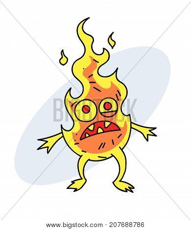 Fire character cartoon hand drawn image. Original colorful artwork, comic childish style drawing.