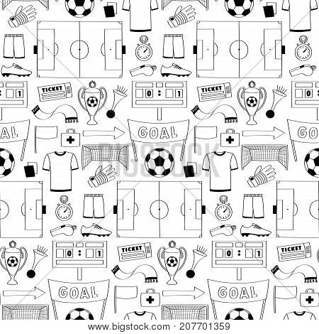 Football objects doodle seamless pattern. Sport outline wallpaper, soccer coloring page.