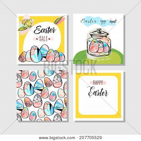 Hand drawn vector abstract creative Happy Easter greeting card design collection set template with flowers, Easter eggs and bunny in pastel colors isolated on white background.Spring Easter backgrounds