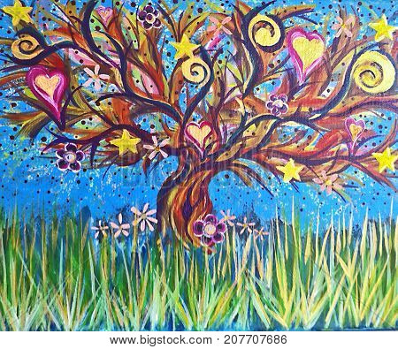 Acrylic Painting of Tree Growing Stars, Hearts, Swirls in the Grass on Light Blue Background