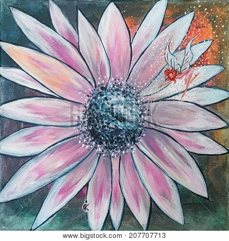 Acrylic painting on canvas of white daisy with fairy and ladybug