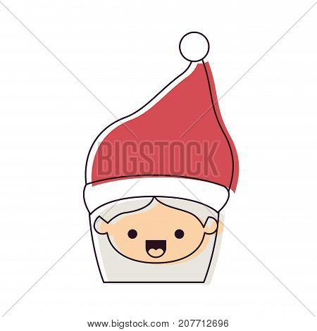 santa claus woman kawaii face happines expression with hat watercolor silhouette on white background vector illustration