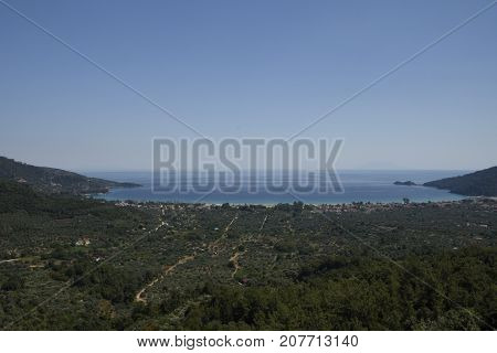 View from mount Ipsarion to the East over the golden bechpicture from Thassos Island Greece.