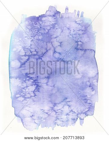 Watercolor background in purple with splashes and sprays reminiscent of ice, winter, snow, cold for design and decoration