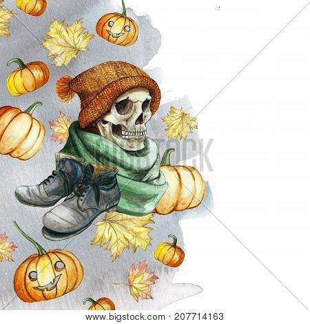 watercolor drawing in the theme of Halloween dull human skull in orange knitted warm woolen hat and green scarf, gray shoes, against the background of red pumpkins and autumn maple leaves, gray ice