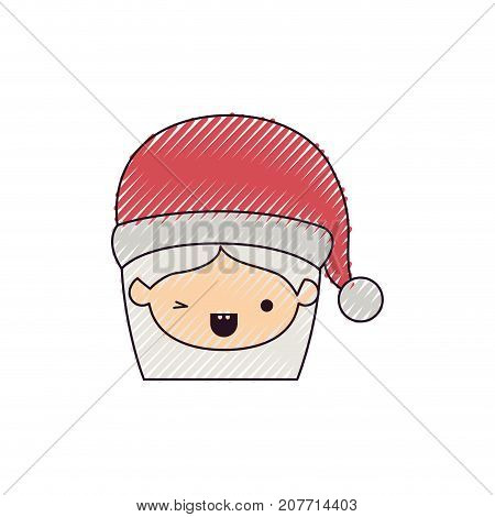 santa claus woman kawaii face with wink eye and happines expression with hat color crayon silhouette on white background vector illustration