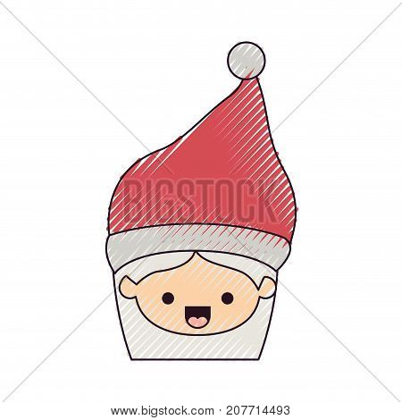 santa claus woman kawaii face happines expression with hat color crayon silhouette on white background vector illustration