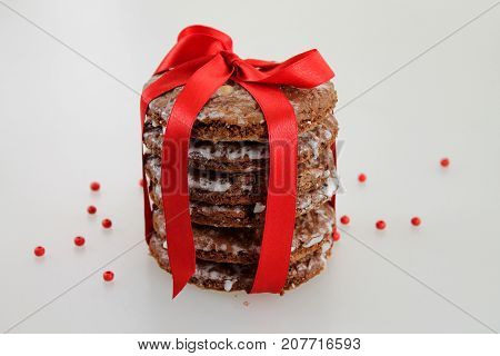 Traditional german nuremberg gingerbreads with red  ribbon