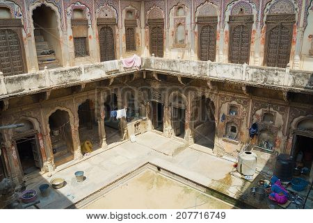 MANDAWA, INDIA - MARCH 31, 2007: Interior yard of a historical haveli in Mandawa, India.