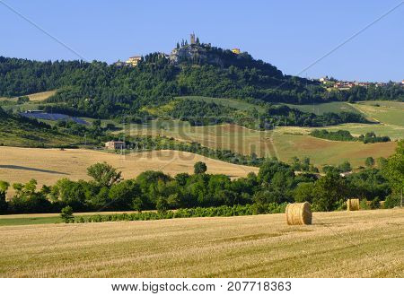 Summer landscape along the road from Lunano to Urbania (Montefeltro Pesaro Urbino Marches Italy). View of Peglio