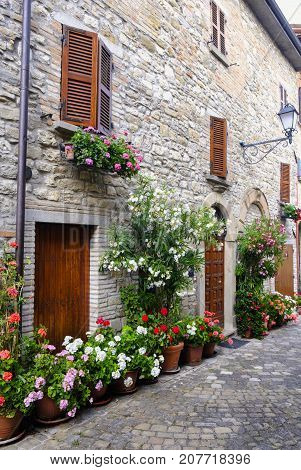 Frontino historic village in Montefeltro Pesaro Urbino Marches Italy). A street with the typical houses with plants and flowers