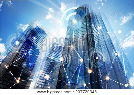 Modern skyscrapers of Madrid and business network connections concept. Technology, transformation and innovation idea.