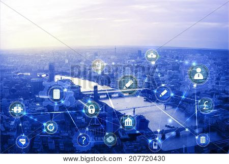 London and river Thames at sunset. Illustration with communication and business icons, network connections concept.