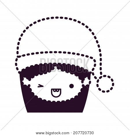 santa claus woman kawaii face with wink eye and happines expression with hat on dotted monochrome silhouette vector illustration