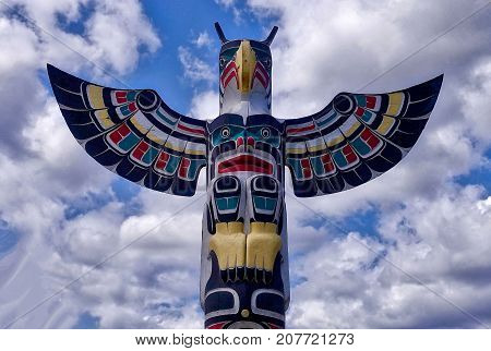 Duncan, Canada, 2017.08.13: A totem pole in Duncan in Canada