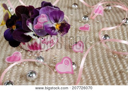 Valentine's Day. Pansies with hearts and ribbons