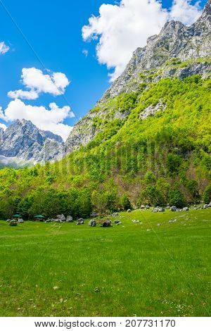 Scenic Green Meadow On The Background Of High Peaked Rocks.