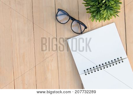 Empty Book And Eyeglasses And Tree On Wooden Table Copy Space, Top Anlge View, Presentation Business