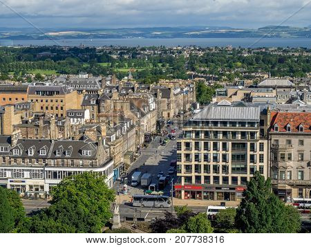 EDINBURGH, SCOTLAND - JULY 29: View of Edinburgh's beautiful streets and buildings from Edinburgh Castle on July 29, 2017 in Edinburgh Scotland. Edinburgh Castle is a favorite destination..