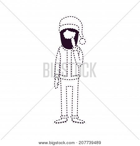 santa claus faceless caricature full body with hand in her beard hat and costume on dotted monochrome silhouette vector illustration