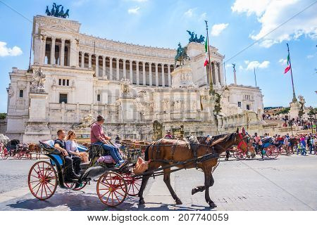 ROME ITALY 24 APRIL 2017. Venezia Square /Piazza Venezia/ and Victor Emmanuel Palace with tourists sightseeing.