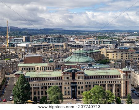 EDINBURGH, SCOTLAND - JULY 29: View of Edinburgh's beautiful streets and buildings from Edinburgh Castle on July 29, 2017 in Edinburgh Scotland. Edinburgh Castle is a favorite destination.