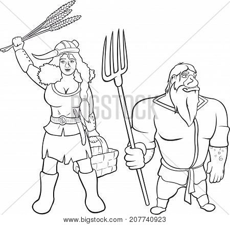 Two vector farmers black and white contours