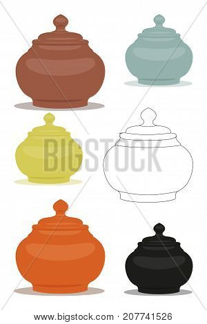 Chinese utensil illustration set. Sugar bowl of different cly types. Vector illustration can be used as sticker, badge, sign, stamp, logo, banner, icon or label.