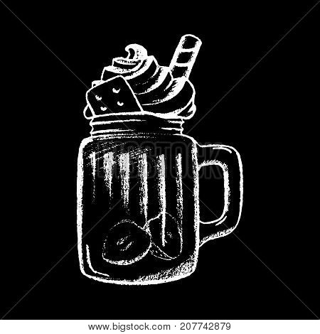 Ice coffee cream white chalk on black chalkboard vector illustration. Dessert drink cup isolated. Dessert in glass cup. Cream top tasty dessert. Sweet coffee drink icon. Cafe or coffee bar menu icon