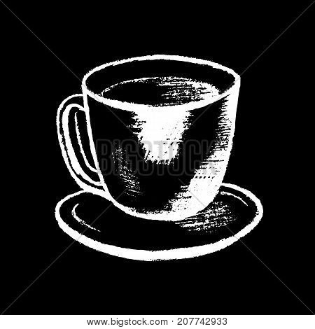 Coffee cup white chalk on black chalkboard vector illustration. Coffee shop icon. Cafe menu handdrawn icon. Cup of coffee chalkboard. Coffee break sign. Hot beverage. Hot drink in small cup on plate