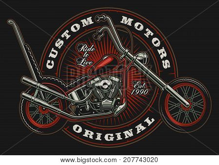 Illustration with american motorcycle on dark background in circle. All elements is on the separate layer.