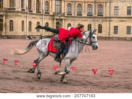 Gatchina St. Petersburg Russia - September 30 2017: Horse show of Cossacks on the parade ground of the Gatchina Palace. Young Cossack performs tricks on horseback.