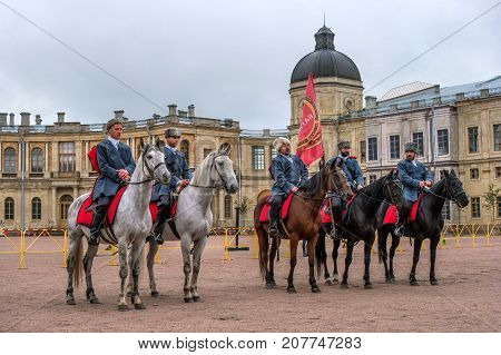 Gatchina St. Petersburg Russia - September 30 2017: Horse show of Cossacks on the parade ground of the Gatchina Palace. The construction of Cossacks on the parade ground of the Gatchina Palace.