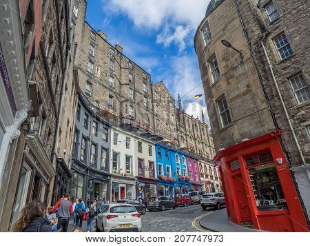 EDINBURGH, SCOTLAND - JULY 30: Looking up Victoria Street towards the Royal Mile on July 30, 2017 in Edinburgh Scotland. The Royal Mile is a popular attraction in Edinburgh and hosts many tourists.