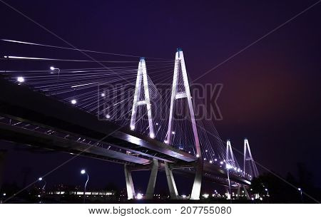 Bright bridge in Saint Petersburg at night