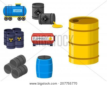Stack different oil drums fuel container liquid cask storage object. Rows of steel barrels capacity tanks. Natural metal old oil bowels chemical vessel vector set.