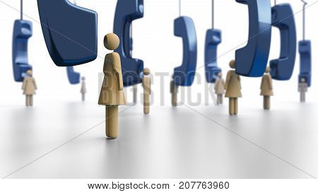 Telephone survey on male and female respondents with focus on nearest woman, telephones hanging - 3d Illustrationr in Transparent PNG