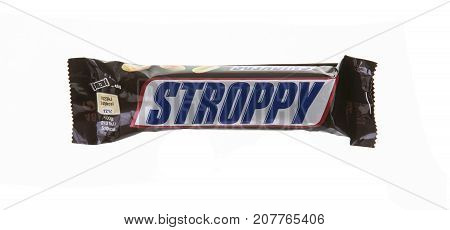 SWINDON UK - OCTOBER 6 2017: Snickers STROPPY chocolate bar on a white background
