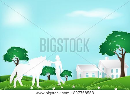 Paper art style illustration of Girl and Horse in the meadow background