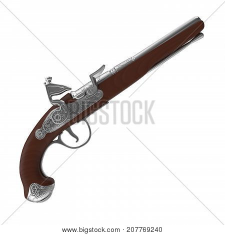 3d rendering of flintlock pistol, isolated on white background.